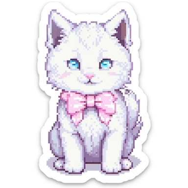 cute fluffy white kitten with a light pink bow, playful pose with one paw raised, pixel art style sticker
