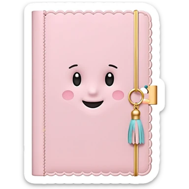 Cute pastel emoji illustration of a soft pink journal with scalloped edges, tiny gold dot details, and a small tassel charm, cozy and elegant stationery vibe sticker