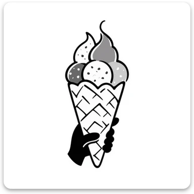 An ice cream cone with scoops of ice cream in pastel colors (dd9fb0, ffc6d3, a3bfc9, c4bee2, f1b091), hand-drawn doodle style sticker