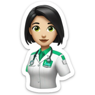 a medic girl with cream, shoulder-length black hair, with accessories, green eyes sticker