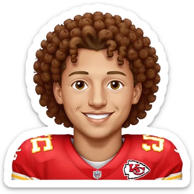 Patrick Mahomes, Kansas City Chiefs quarterback with curly hair, smiling sticker