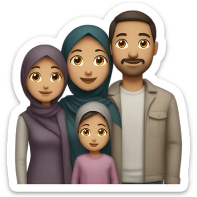 Family of four: a mom, a dad, a little girl, and a little boy, light brown skin, dark hair, only the mom is wearing hijab sticker