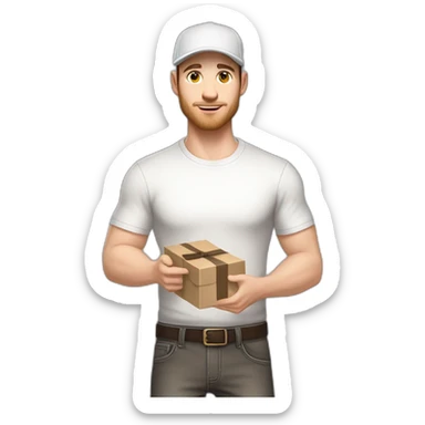 Pale skinned fit Man with dark brown hair in a light gray cap, dark brown jeans, brown polo and white T-shirt keeping a pasted with tape white box into his hands sticker