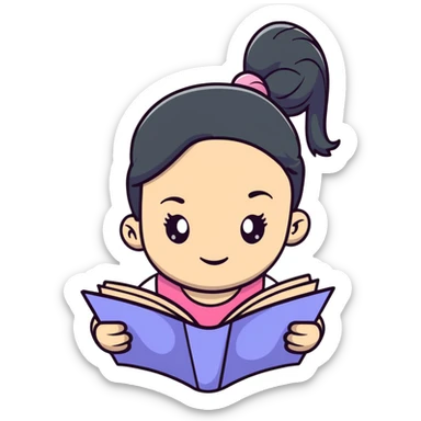 Cute girl with ponytail reading from an open notebook sticker