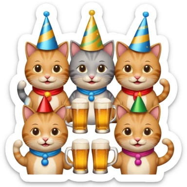 six cats drinking beer at a 40th birthday party with festive decorations, emoji style sticker