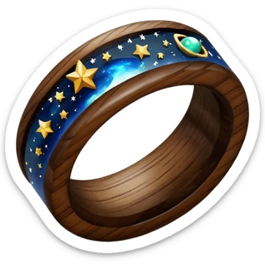 dark wood ring with epoxy resin in space and stars motifs crystal sticker