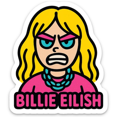 Billie Eilish looking furious, bold colors, stylized, pop art style sticker