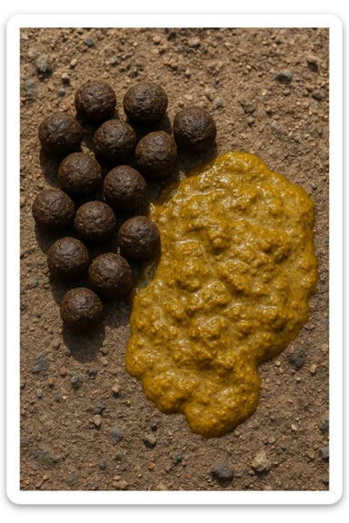 feci di animale a palline viste dall'alto e feci di animale liquide e gialline viste dall'alto, iperrealistico 4k sticker