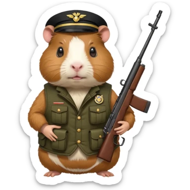 guinea pig wearing a military vest, holding a rifle in chest, no hat sticker