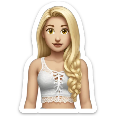 hyperrealistic caucasian female, long straight blonde hair, white lace up crop top, grey mini tight skirt, body view sticker