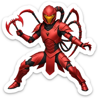 ⚡Look: Agile black-and-crimson suit with sharp angular armor Weapon: Energy whip that can split and paralyze multiple targets Details: Scorpion-like armor accents Vibe: Bold, dangerous, thrives in chaos Stance: Mid-spin, whip striking multiple foes sticker