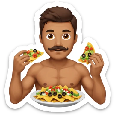 ripped guy with his shirt off and long hair and mustache eating nachos sticker