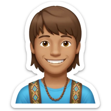 16 yr old boy, brown hair, straight, big smile, white teeth, tanned skin, bangs, hippie part sticker