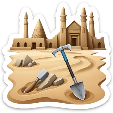 An icon showing archaeological tools—trowel, brush, and pickaxe—laid out on the sand, with the ancient Karnak temple ruins in the background. The design symbolizes exploration and discovery of ancient Egyptian history. Transparent background sticker