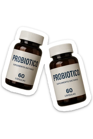 due boccette di integratori con la scritta "PROBIOTICO" SULL'ETICHETTA, FLUTTUANO IN ARIA, realistica 4k sticker