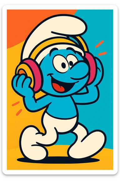 a smurf wearing headphones, fun and playful style, vibrant colors sticker
