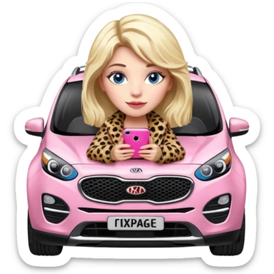 a blondie queen Arina in a leopard fur and pink iPhone on her kia Sportage car. blue eyes sticker