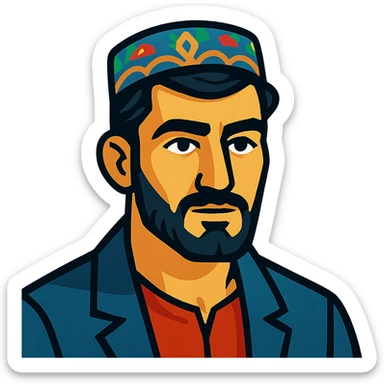 A Tajik man with masculine features, expressive eyes, thick eyebrows, dark hair, and light-olive skin, neatly kept facial hair sticker