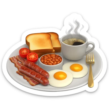 English breakfast full English breakfast with two eggs, bacon, sausage, beans, toast, and tomato оn a beautiful white plate with a gold fork and cup of coffee side view sticker