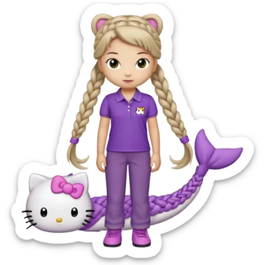 hello kitty wearing purple polo shirt and kyaki pants with long fishtail braids baddie with 2025 efect sticker