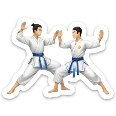 Two martial artists in traditional Wushu attire, performing elegant, fluid moves. The background shows a peaceful, scenic landscape with mountains and bamboo trees, symbolizing the balance of power and grace in Wushu.  sticker