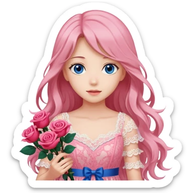 pastel anime woman with pink and white lace dress full body and long hair with roses and blue eyes sticker