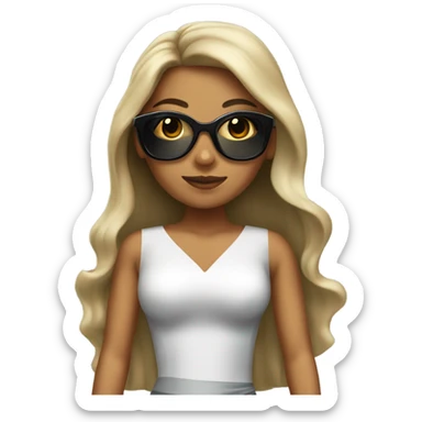 A girl with tan skin and long hair with black sunglasses and a fancy dress  sticker