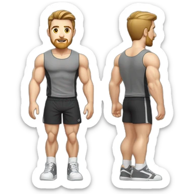 Full height Pale skinned muscular man With Realistic eyes and mouth, light brown hair and stubble In dark gray sleeveless mike, black oversize sports shorts, watch and white sneakers. sticker