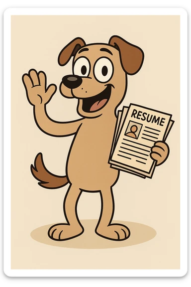 cheerful cartoon dog standing on two legs, holding a stack of resumes in one paw and waving with the other, big eyes, happy expression, classic cartoon style sticker