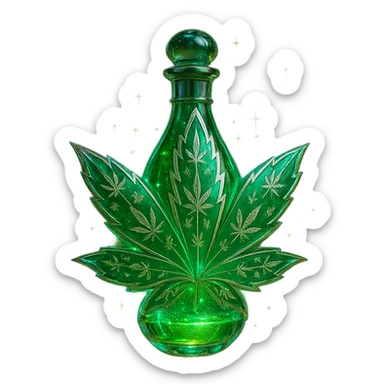 cannabis leaf-shaped luxurious elixir bottle or with cannabis motifs, vibrant green color, iridescent and silver details, maximum intense magical glowing and sparkling effects, very small neck, seamless bottom, transparent background, floating, no base or shadow, modern, matching a collection sticker