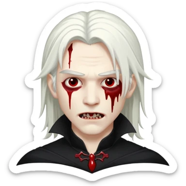 Creat a young man Vampire that have long white hair and white skin and full black eyes and bloody mouth and full black outfit  sticker