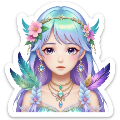 Beautiful gorgeous anime lady with beautiful iridescent-special-hair, fashion aesthetic, ethereal, fairycore, pastelcore, feather, flower, crystals, accessories, jewelries, gold, colorful sticker