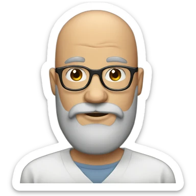 Bald man with glasses and big brown and grey beard with sticker