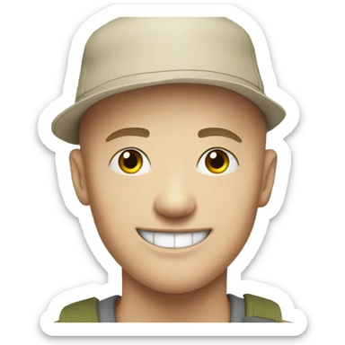 smiling white young bald man outdoors with hat sticker