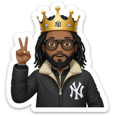 African American man with shoulder length black dreadlocks with black beard wearing black sunglasses wearing Crown on his head wearing a black bubble m New York Yankees logo winter coat pointing up sticker