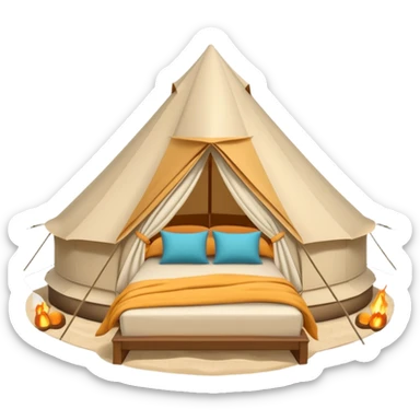 luxury glamping bell tent on sand with plush bedding inside sticker