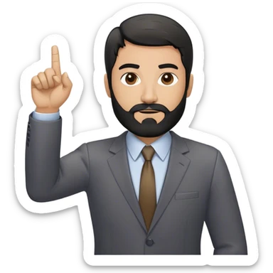 Emoji-style cartoon man, 50s, black beard with gray streaks, wearing a business suit. Raises right index finger upward (↑) to signal 'attention!' Simple design, bold lines, minimal details sticker