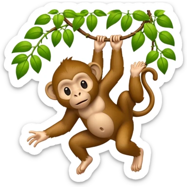monkey swinging on a vine between two big trees sticker