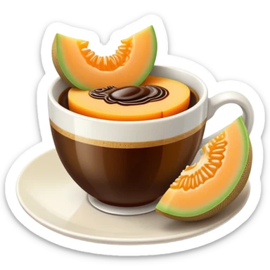 carajillo in a small espresso coffee cup with a slice of cantaloupe melon on the side sticker
