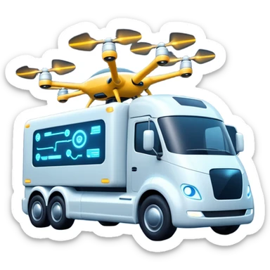 create a realistic emoji of a futuristic warehouse automation, autonomous trucks, smart drones, and glowing data networks — cinematic lighting, innovation atmosphere. sticker
