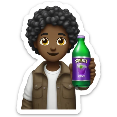 Black kid with wavy hair holding sprite bottle with purple drink in it sticker