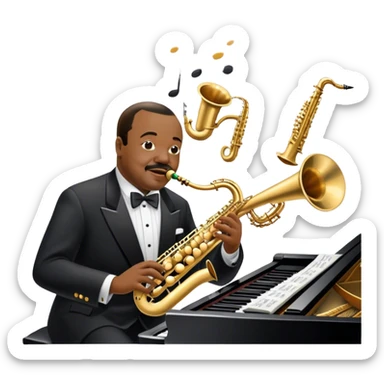 Icon for Jazz Music: Count Basie Orchestra, with Count Basie at the piano surrounded by jazz musicians playing instruments like saxophones, trumpets, and drums. Floating musical notes should capture the energetic and smooth vibe of big band jazz. Transparent background. sticker