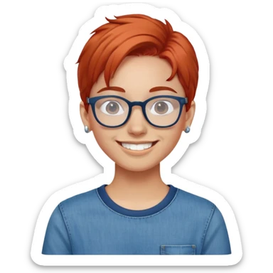 um jovem de cabelo ruivos.oculos,brinos e um sorriso maravilhoso a roupa deve ser em azul, calça jeans sticker