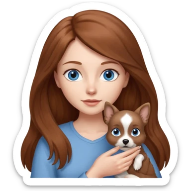 long hair chestnut color blue eyes woman holding small grey dog sticker