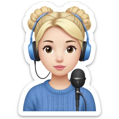 a cute face girl have bright white skin
and natural small pink-peach lips with blue knitwear with a blonde one hair bun and she is a podcaster in her school. with recording microphone
in front of her not held and a
headphone in her head sticker