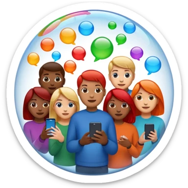 A group of people inside a separate colorful transparent bubble (blue, red, green, orange). They are each holding a smartphone or laptop. the bubbles are slightly overlapping, creating a modern and minimalist look. Realistic emoji style. sticker