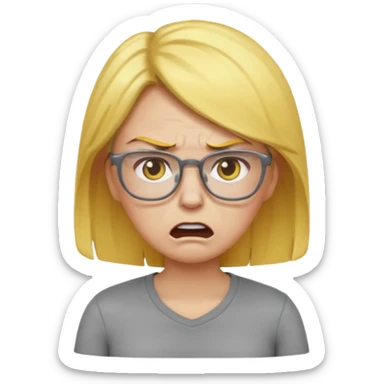 angry mom emoji with yellow hair, glasses, gray shirt, and gray pants, expressive face sticker