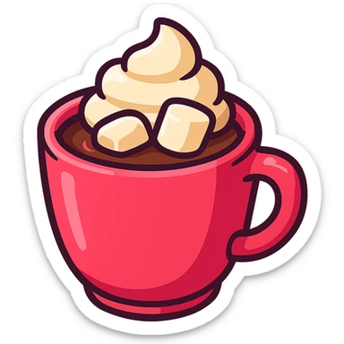 hot chocolate in a pink cup, 3D cartoon style, playful sticker