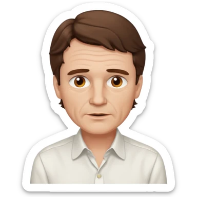 create an emoji of a man with wrinkles. he has an English gentleman look, a few hairs at the chin no moustache with short wavy brown hair, brown eyes, pale skin, natural lips. he wears a white shirt sticker