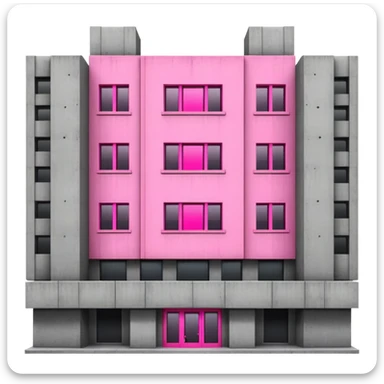 Wide brutalist concrete building with a central bright pink window surrounded by multiple regular windows sticker